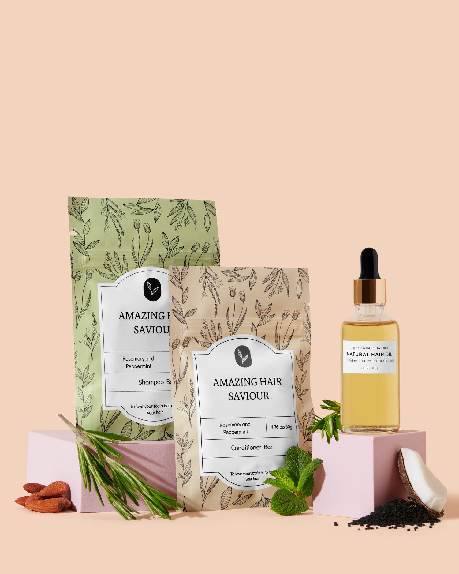 Amazing Growth Bundle with Rosemary Peppermint Shampoo Bar, Rosemary Peppermint Conditioner Bar, and Amazing Hair Saviour Oil